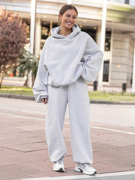 Dresowa bawełniana BLUZA z kapturem oversize z raglanowymi rękawami szary melanż X509