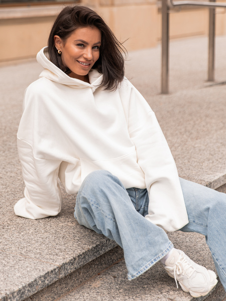 Viralowa Dresowa bawełniana BLUZA z kapturem oversize szeroka ecru E644