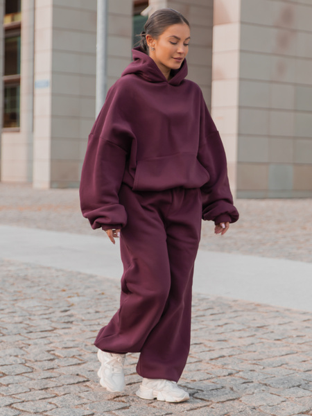 Viralowa Dresowa bawełniana BLUZA z kapturem oversize szeroka deep plum / śliwkowa E644