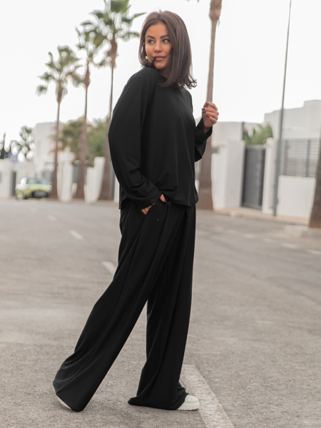 Luźny codzienny KOMPLET z wiscozy oversizowy t-shirt i luźne spodnie czarny X475