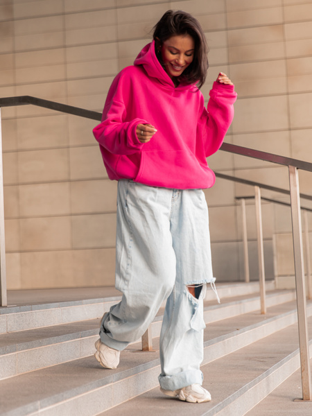 Dresowa bawełniana BLUZA z kapturem kangurka o klasycznym kroju różowa X350