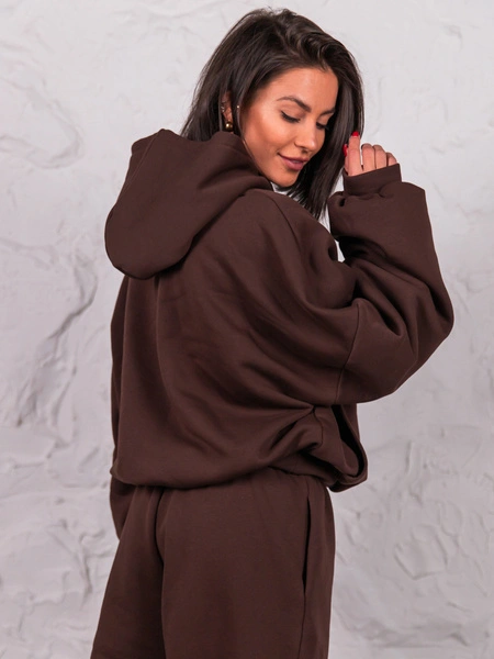 Dresowa bawełniana BLUZA z kapturem oversize szeroka brązowa E644