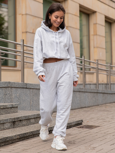 Dresowy bawełniany KOMPLET bluza kangurka z kapturem i spodnie klasyczny krój szary melanż X305 k01