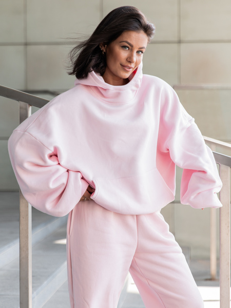 Viralowa Bawełniana BLUZA z drapanego dresu z kapturem na stójce z kieszeniami kangurka baby pink E1