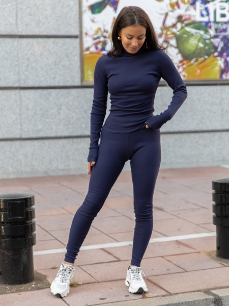 Bawełniane dopasowane SPODNIE LEGGINSY z dzianiny prążkowanej navy blue X464