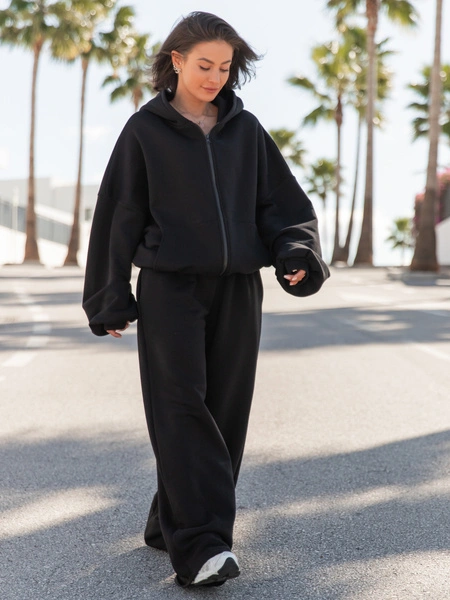 Oversizowa BLUZA z kapturem zapinana na zamek bluzowana kangurka z bawełnianej dresówki czarna X1