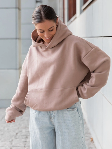 Dresowa bawełniana BLUZA z kapturem kangurka o klasycznym kroju mokka X350