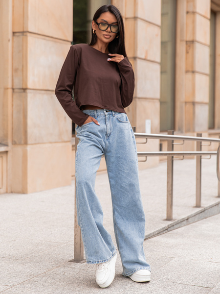 Bawełniany T-SHIRT bluzka z długim rękawem z poduszkami na ramionach brązowa X308