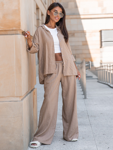 Lniana oversizowa dłuższa KOSZULA mokka w tenisowy prążek X250 k01