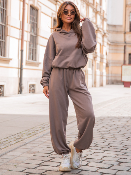 Dresowy bawełniany KOMPLET oversizowy bluza z kapturem i szerokie spodnie ze ściągaczami coffee E315