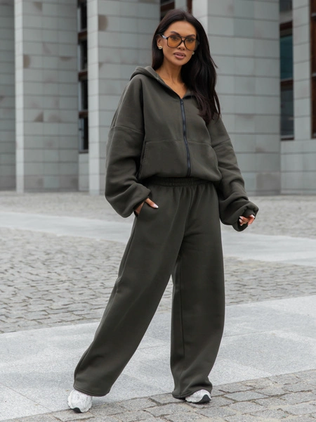 Oversizowa BLUZA z kapturem zapinana na zamek bluzowana kangurka z bawełnianej dresówki dark khaki X1