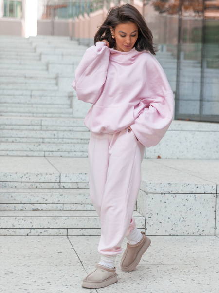Dresowe bawełniane SPODNIE z wysokim stanem luźny krój ze ściągaczami baby pink E341