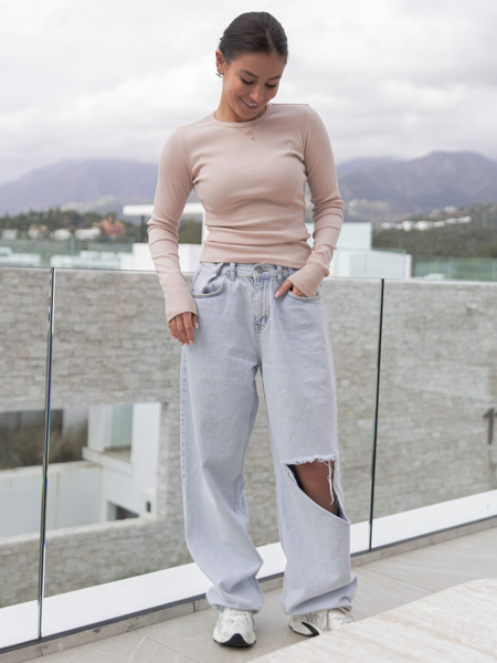 Bawełniana basicowa BLUZKA z prążkowanej dzianiny beżowa X513