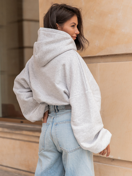 Dresowa bawełniana BLUZA kangurka z kapturem o krótszym kroju bluzowana szary melanż X304