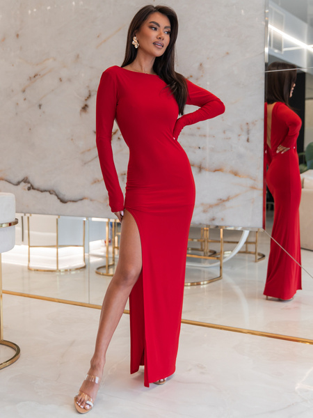 Elegancka dopasowana SUKIENKA maxi z wycięciem na plecach czerwona E637 k01