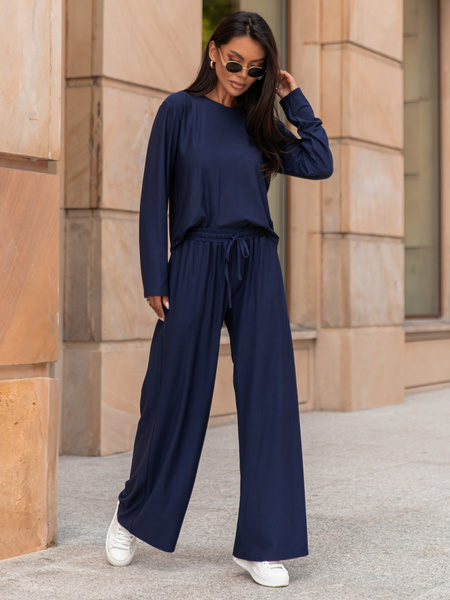 Codzienny komfortowy KOMPLET z wiscozy luźna bluzka z długim rękawem i szerokie spodnie navy blue X318