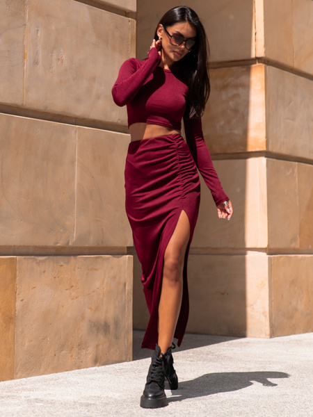 Elegancki KOMPLET bluzka z długim rękawem i spódnica maxi drapowana bordowy X317