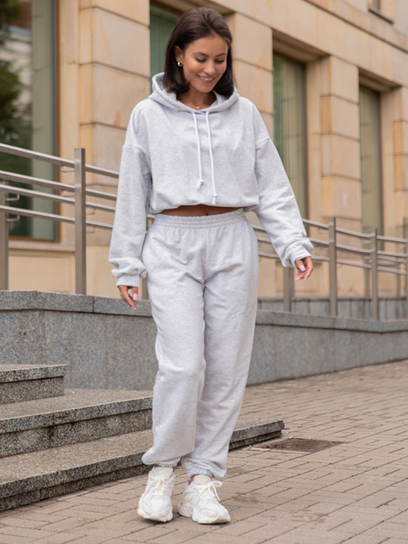 Dresowy bawełniany KOMPLET bluza kangurka z kapturem i spodnie klasyczny krój szary melanż X305