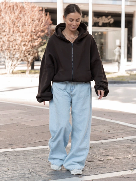 Bawełniana oversizowa BLUZA z kapturem zapinana na zamek z dresu drapanego dark chocolate X508