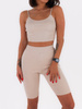 Bawełniany komplet kolarki i krótki top z prążkowanej dzianiny beżowy c181