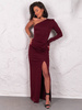Elegancka maxi SUKIENKA z asymetrycznym dekoltem z jednym długim rękawem bordowa E624 k01