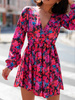 Zwiewna asymetryczna sukienka z dekoltem amarantowa w kwiatki c355 k01