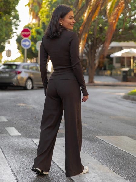 Bawełniane luźne SPODNIE z szerokimi nogawkami z dzianiny prążkowanej czekoladowe X462 k01