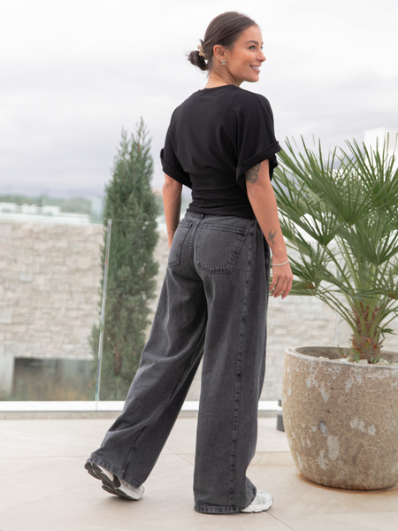 Wiskozowa BLUZKA kimono z marszczeniem po bokach z krótkim rękawem czarna X501