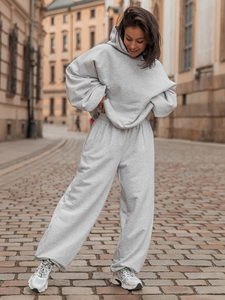 Luźne SPODNIE baggy z bawełnianej dresówki niedrapanej od wewnątrz szary melanż X151