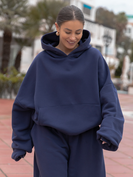 Dresowa bluza z bawełny baggy z kangurką i kapturem navy blue X562