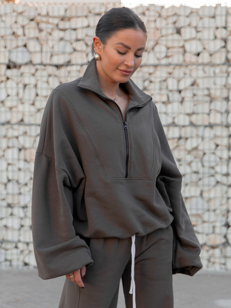 Oversizowa bawełniana BLUZA z dresu drapanego na stójce z zamkiem dark mokka X477