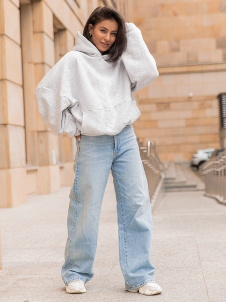 Viralowa Dresowa bawełniana BLUZA z kapturem oversize szeroka szary melanż E644