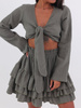 Muślinowy boho komplet wiązany top + spódnica z falbankami khaki b78 k01