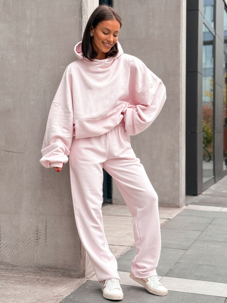 Dresowe bawełniane SPODNIE z wysokim stanem luźny krój baby pink E359 k01