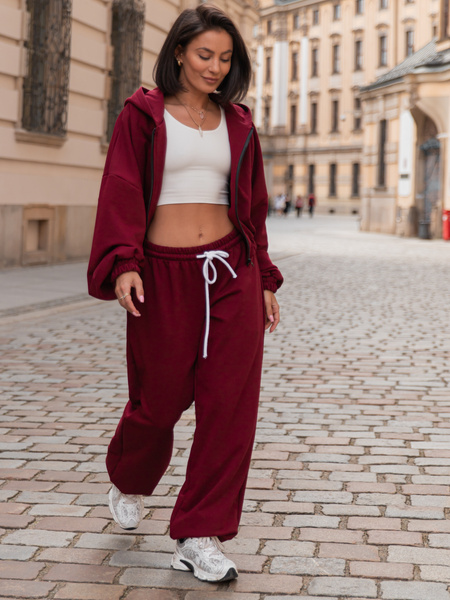 Luźne SPODNIE baggy ze sznurkiem z bawełnianej dresówki niedrapanej od wewnątrz bordowe X217