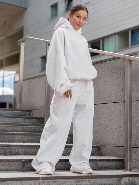 Dresowe bawełniane SPODNIE  z szerokimi nogawkami szary melanż X31