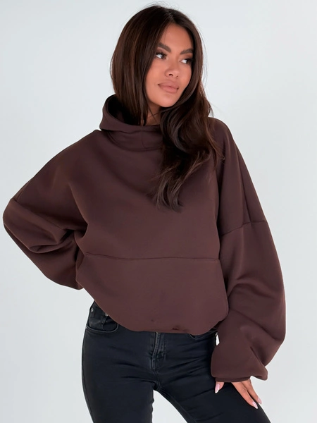 Bawełniana BLUZA z drapanego dresu z kapturem na stójce z kieszeniami kangurka brązowa E1