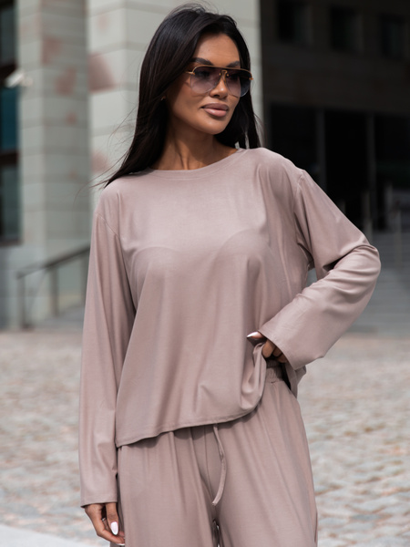 Wiscozowy luźny szeroki T-SHIRT z długim rękawem mokka X415