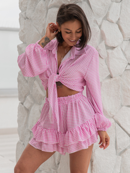 Zwiewna krótka SPÓDNICA ze spodenkami w kratkę baby pink X208 k01