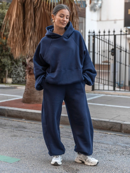 Dresowe bawełniane SPODNIE baggy ze ściągaczami i przeszyciami z dresu drapanego navy blue X510