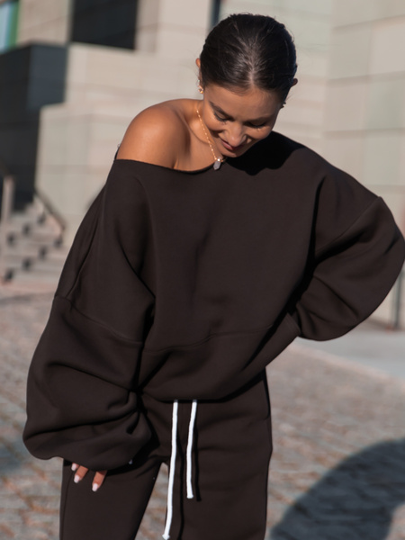 Dresowa bawełniana BLUZA opuszczana na ramiona oversize szeroka dark chocolate X400