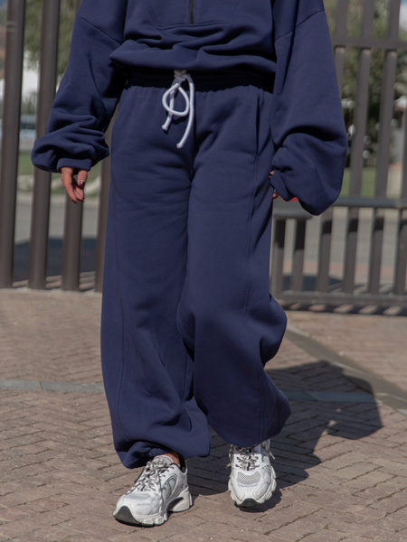 Oversizowe bawełniane SPODNIE dresu drapanego z przeszyciem i ściągaczami navy blue X476