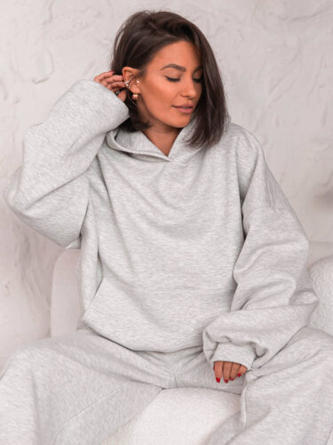 Dresowa bawełniana BLUZA z kapturem oversize szeroka szary melanż E644