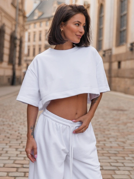 Bawełniany dresowy luźny szeroki T-SHIRT z krótkim rękawem biały X216 k01