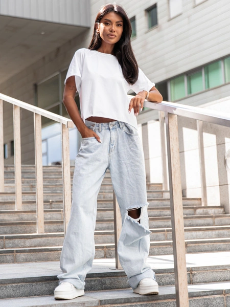 Bawełniany T-SHIRT bluzka z krótkim reglanowym rękawem biały X354