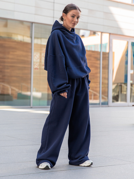 Dresowe bawełniane SPODNIE  z szerokimi nogawkami navy blue X31