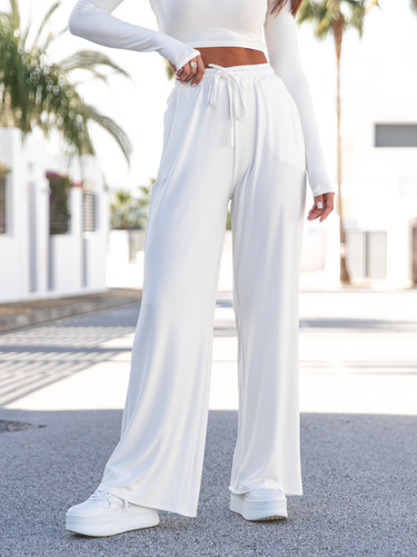 Szerokie SPODNIE z wiskozy z wysokim stanem z gumką w pasie ecru X20 k01