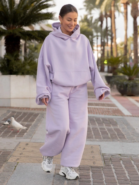 Oversizowy KOMPLET z drapanego bawełnianego dresu szeroka bluza z kapturem kangurka i spodnie szerokie baggy lawendowy E644 + E643