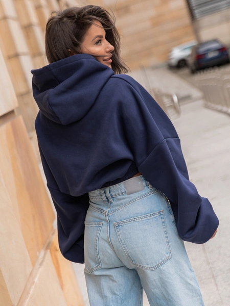 Dresowa bawełniana BLUZA kangurka z kapturem o krótszym kroju bluzowana navy blue X304