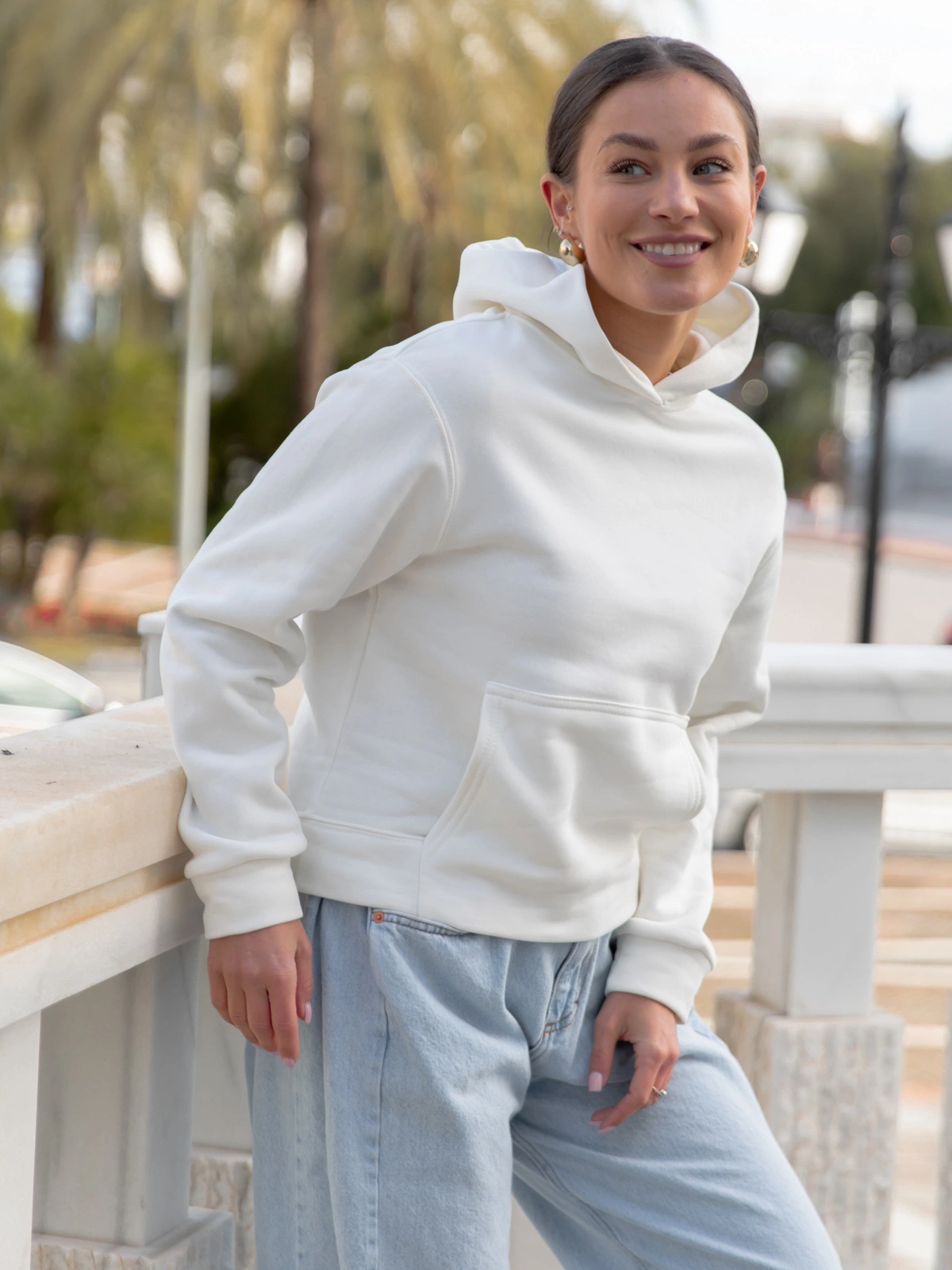 Dresowa bawełniana BLUZA z kapturem regular fit ecru X554